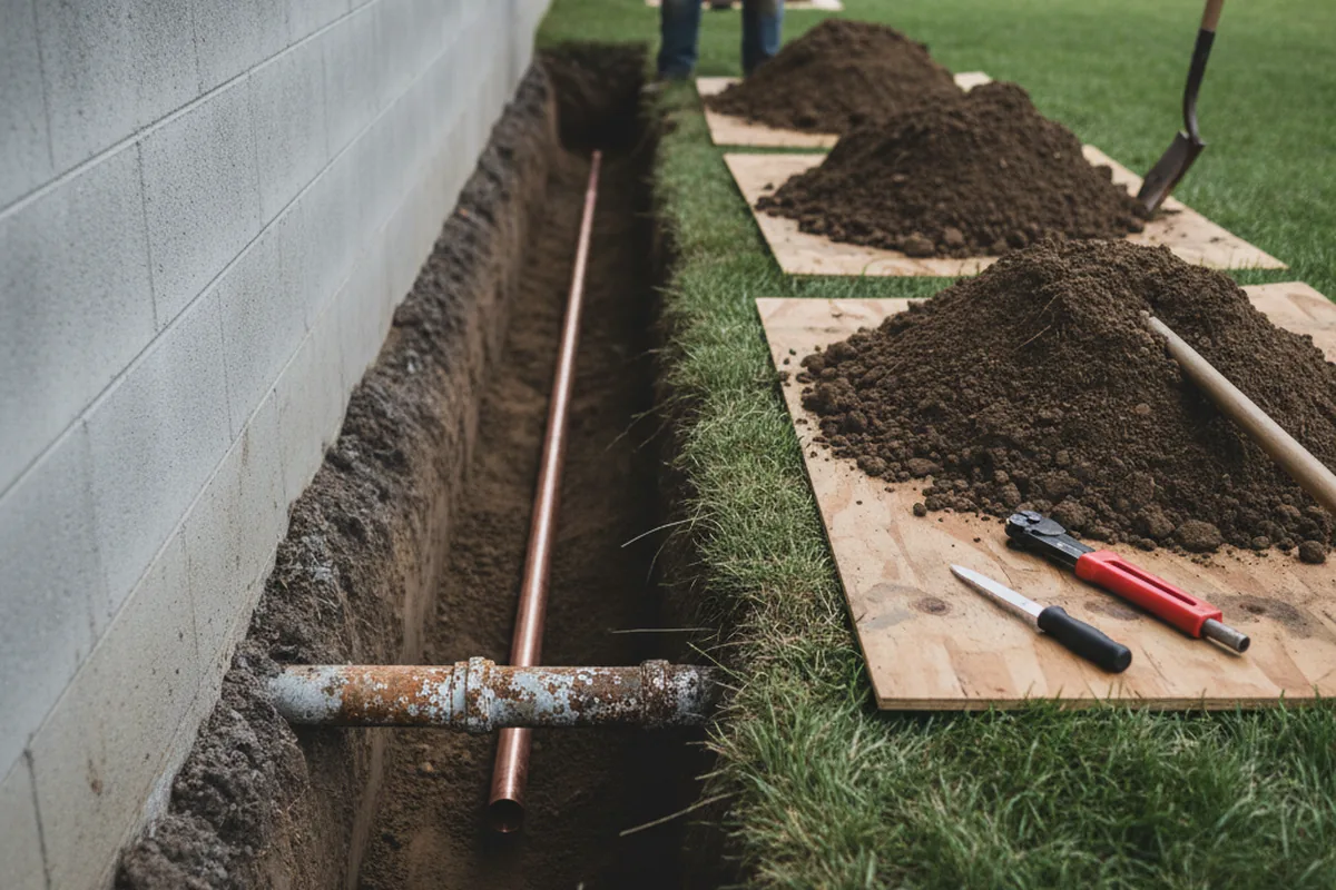 Excavated water line trench during Water Softener Installation in Mcadoo